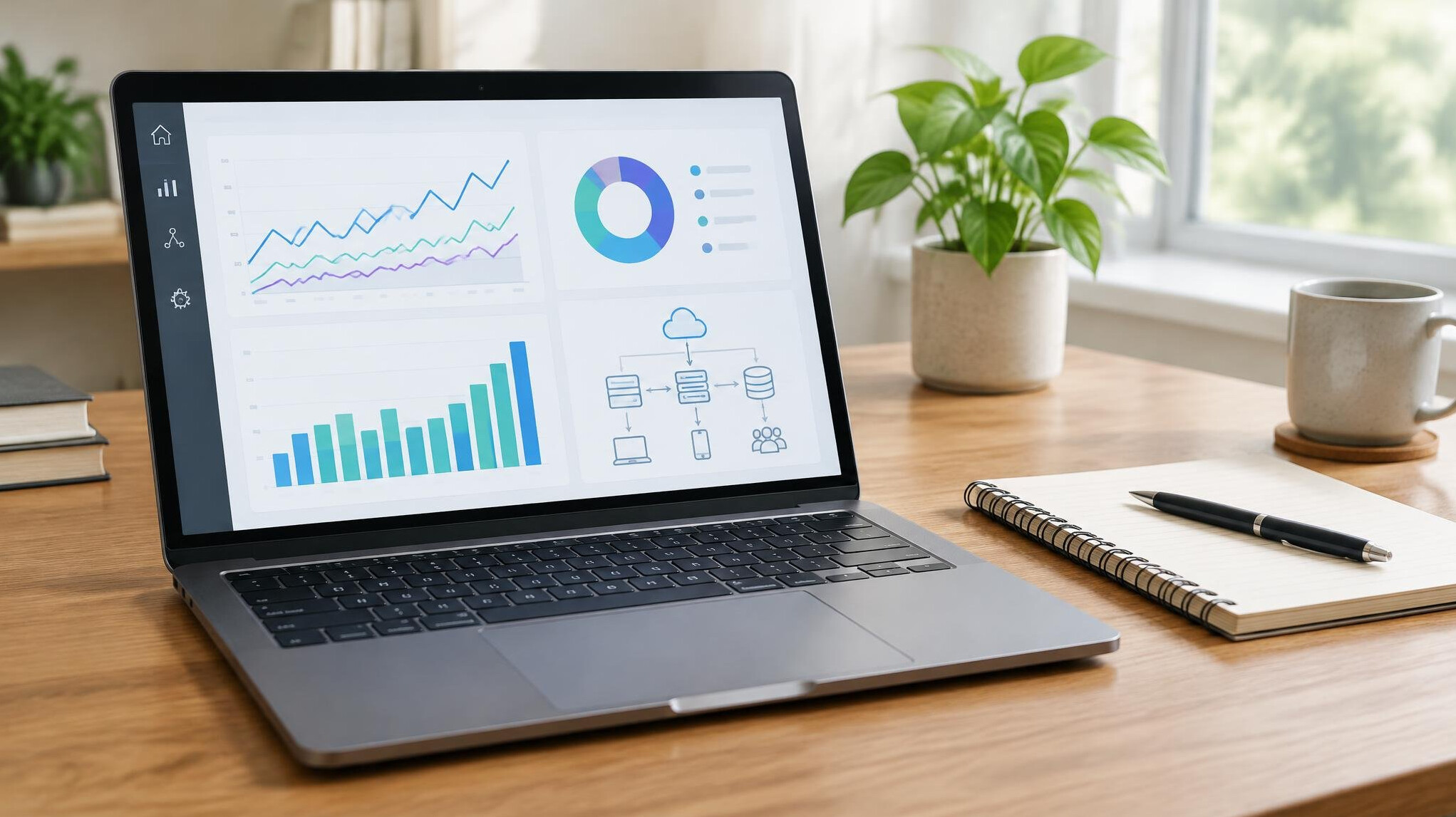Laptop showing analytics charts on a clean desk