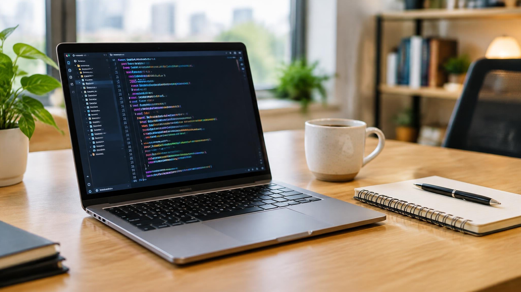 Laptop with source code on a desk in a modern office