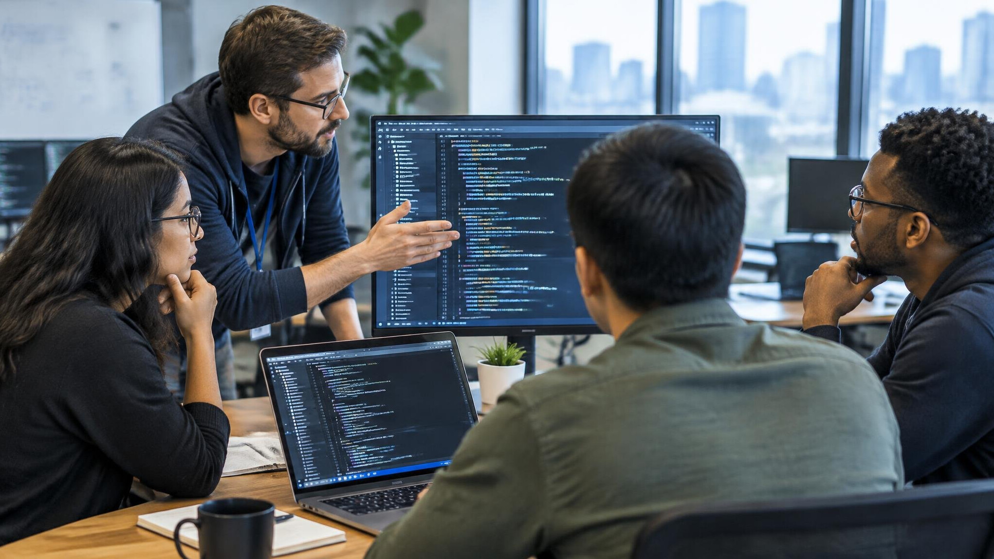 business team discussing code